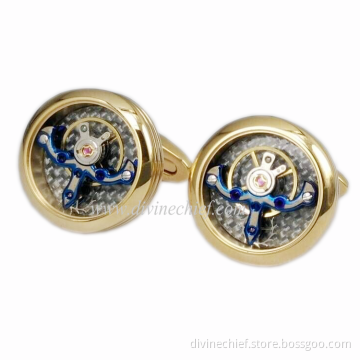 High End Golden Plated Blue Tourbillon Cufflinks, Stainless Steel Cufflinks With Custom Logo